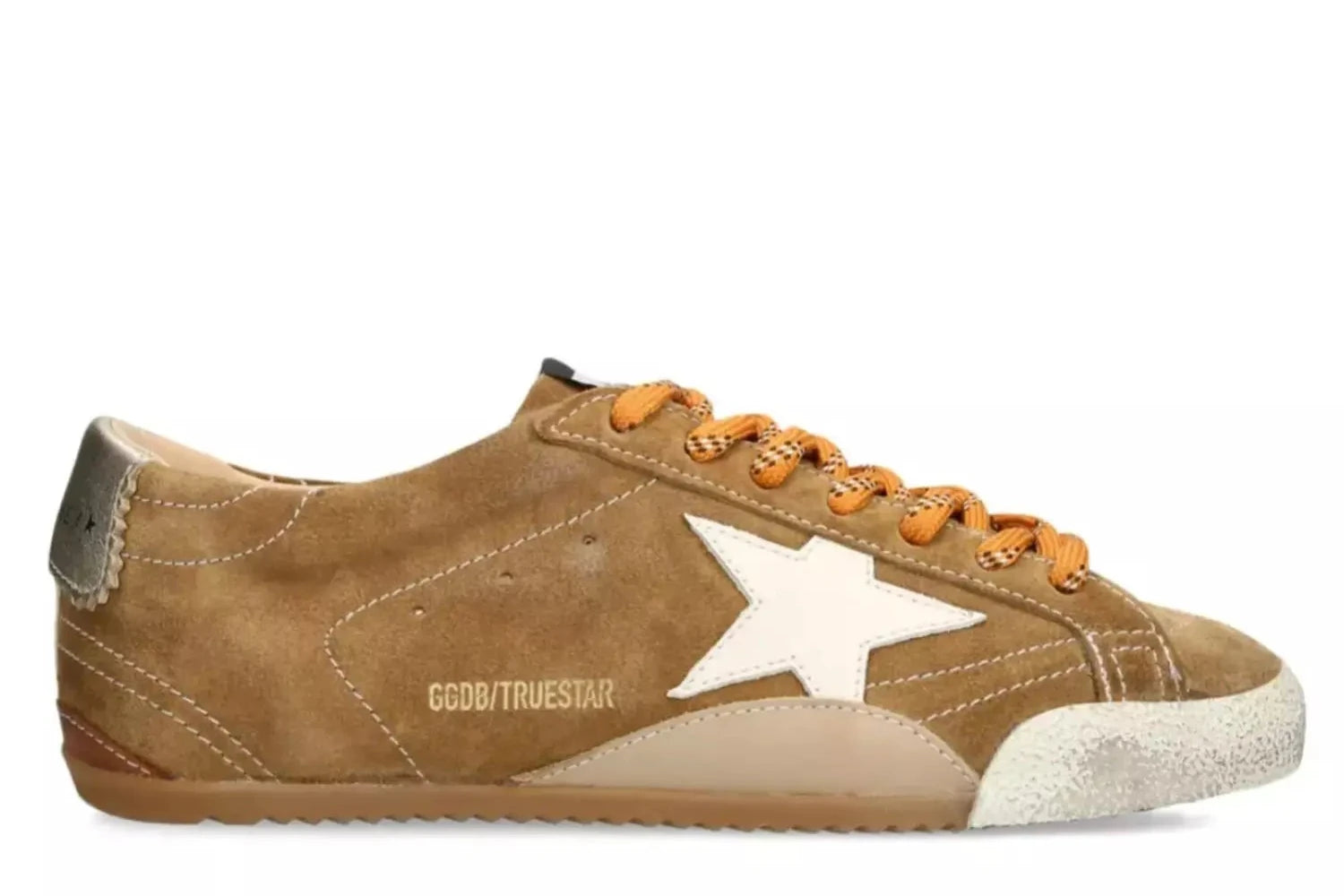 Golden Goose True-Star in tobacco-colored suede with white star and platinum heel tab