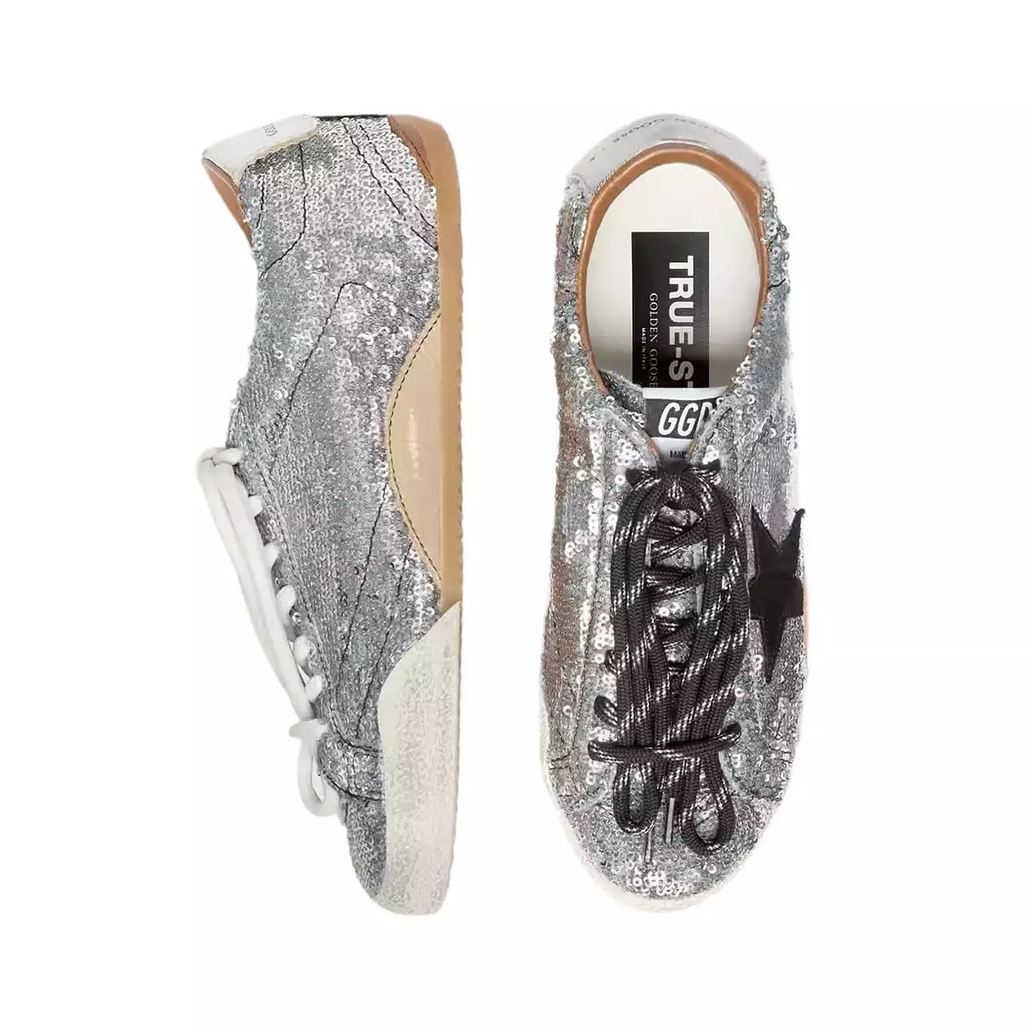 Golden Goose Ball Star Sneakers in Silver Sequin with Black Star