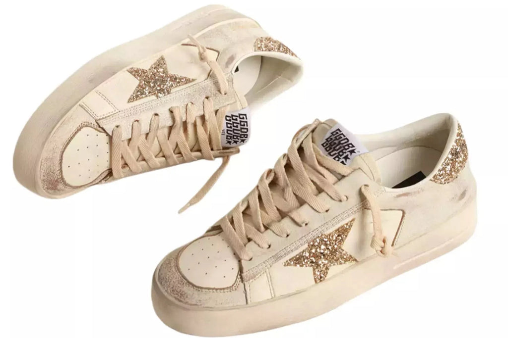 Golden goose Women’s Stardan in ecru nappa leather with gold glitter star and heel tab