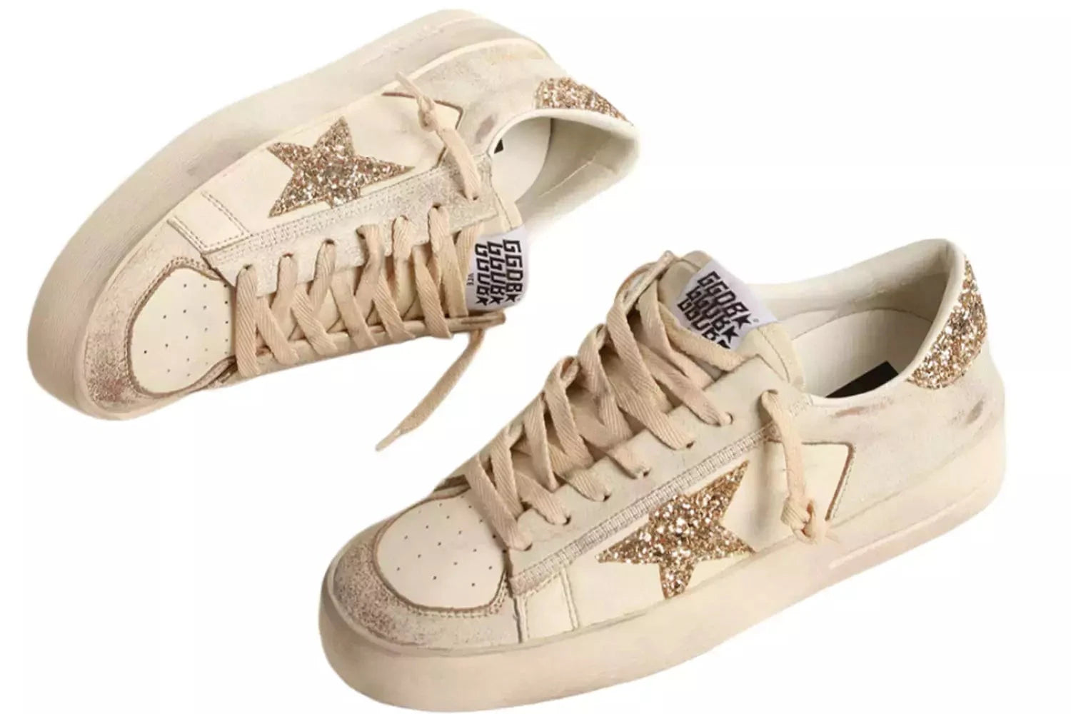 Golden goose Women’s Stardan in ecru nappa leather with gold glitter star and heel tab