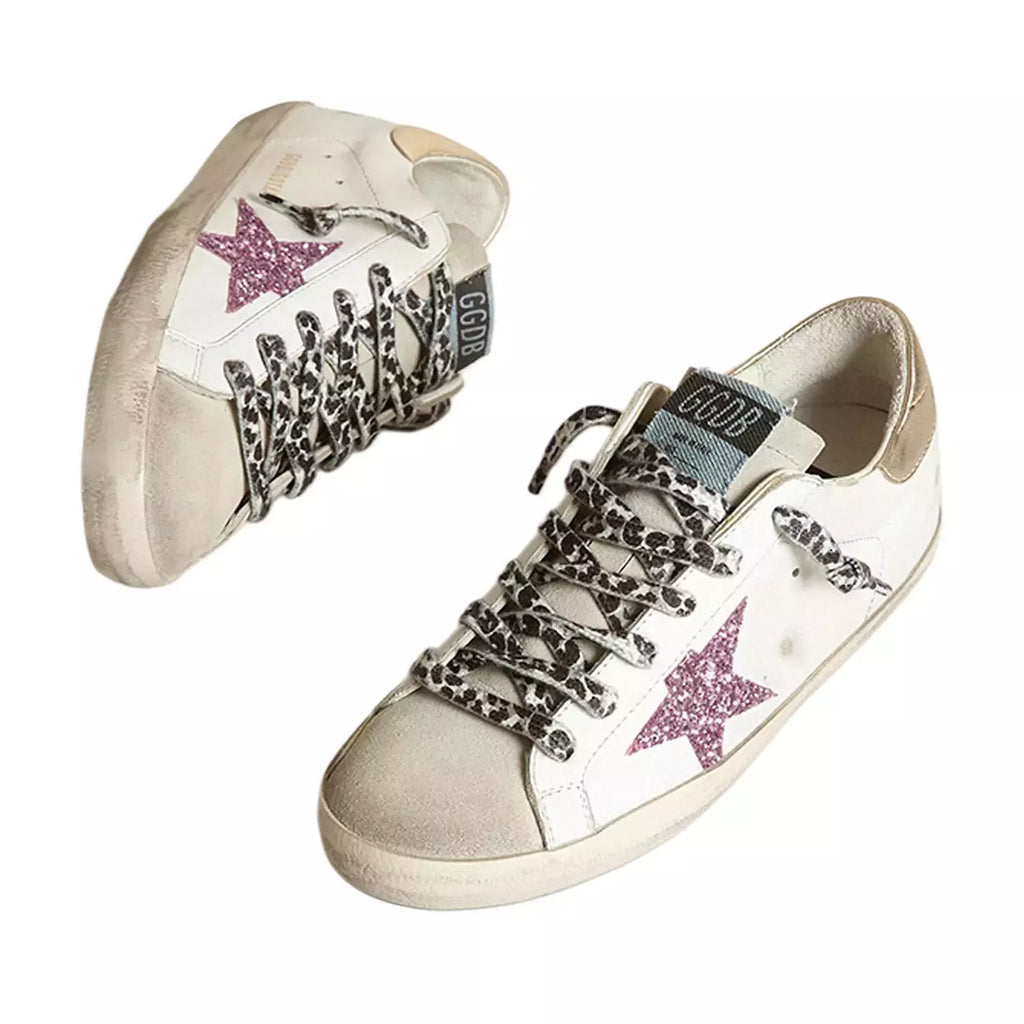 Golden Goose Super-Star Leather Sneakers with Pink Glitter Star