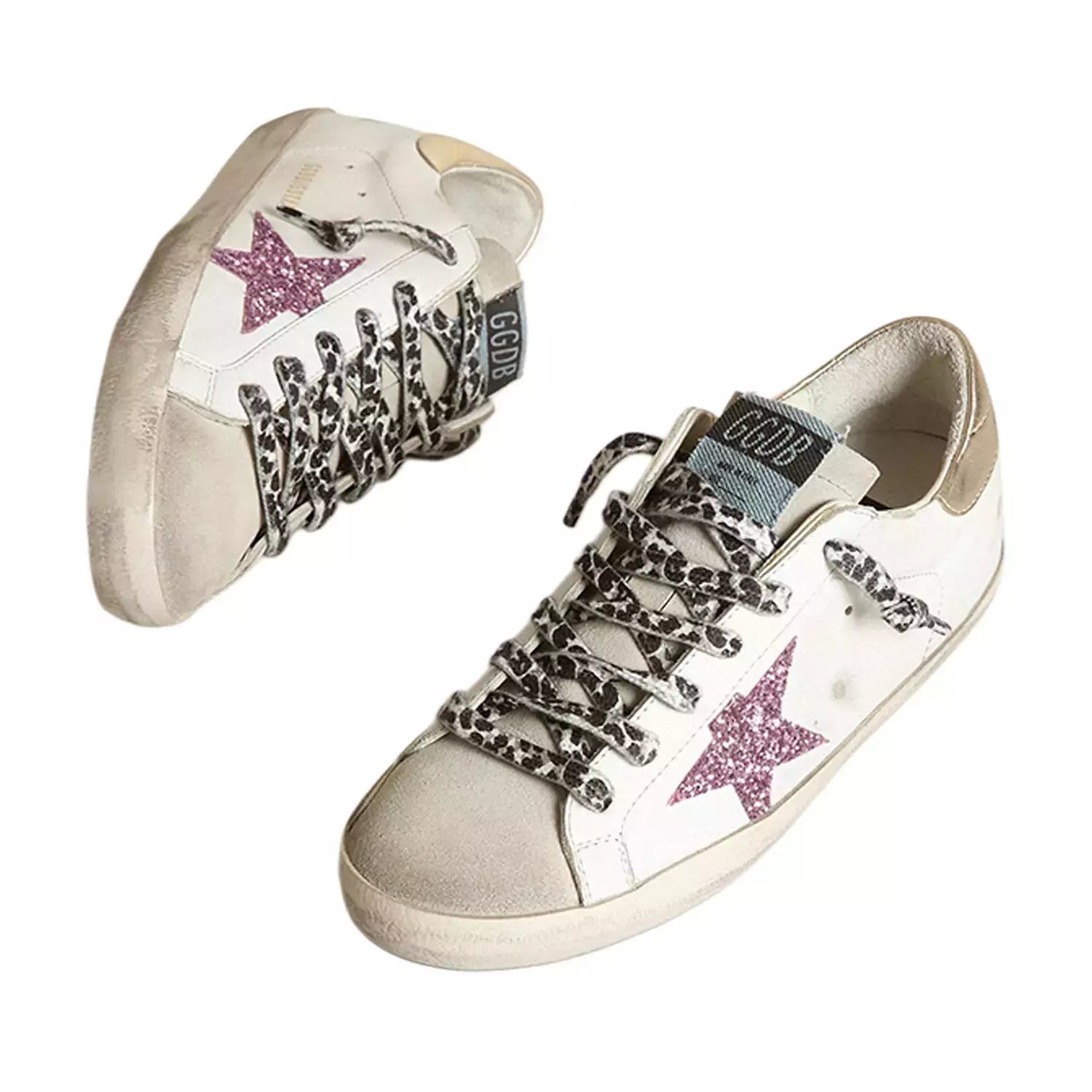 Golden Goose Super-Star Leather Sneakers with Pink Glitter Star