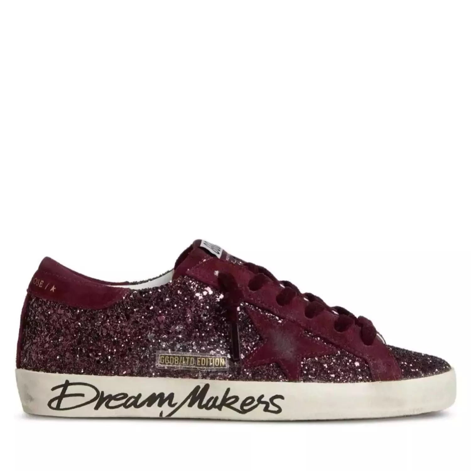 Golden Goose Super-Star low-top sneakers in burgundy glitter with suede star