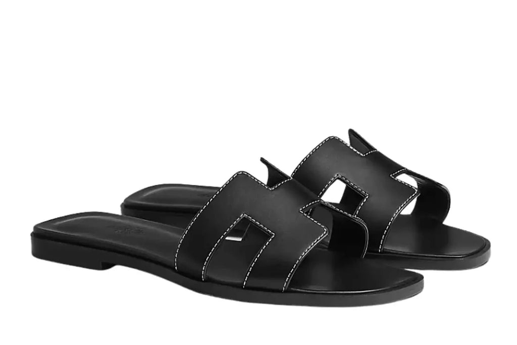 Hermes Oran Sandal Black Calfskin – White Top Stitch Flat Shoes