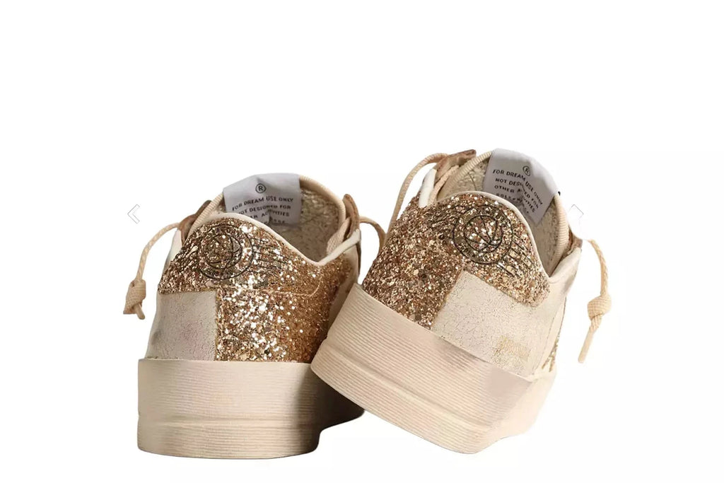 Golden goose Women’s Stardan in ecru nappa leather with gold glitter star and heel tab