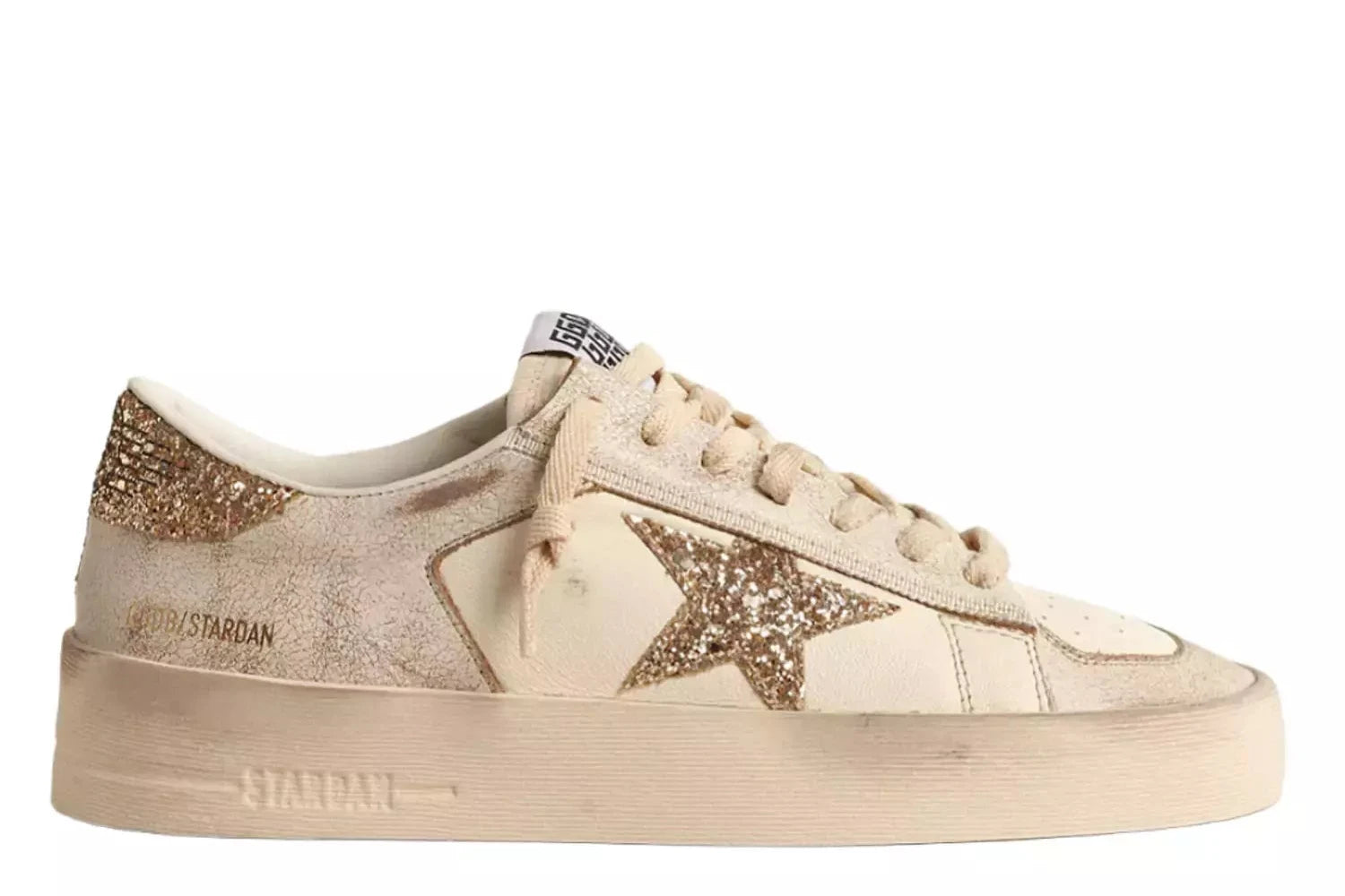 Golden goose Women’s Stardan in ecru nappa leather with gold glitter star and heel tab