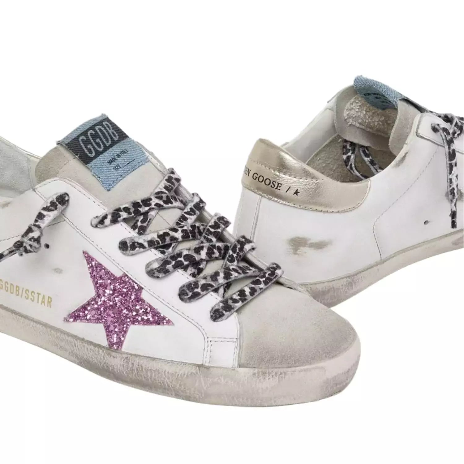 Golden Goose Super-Star Leather Sneakers with Pink Glitter Star