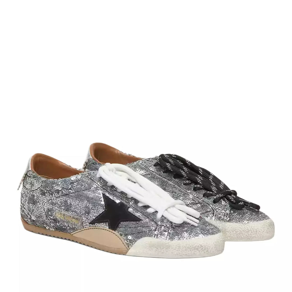 Golden Goose Ball Star Sneakers in Silver Sequin with Black Star