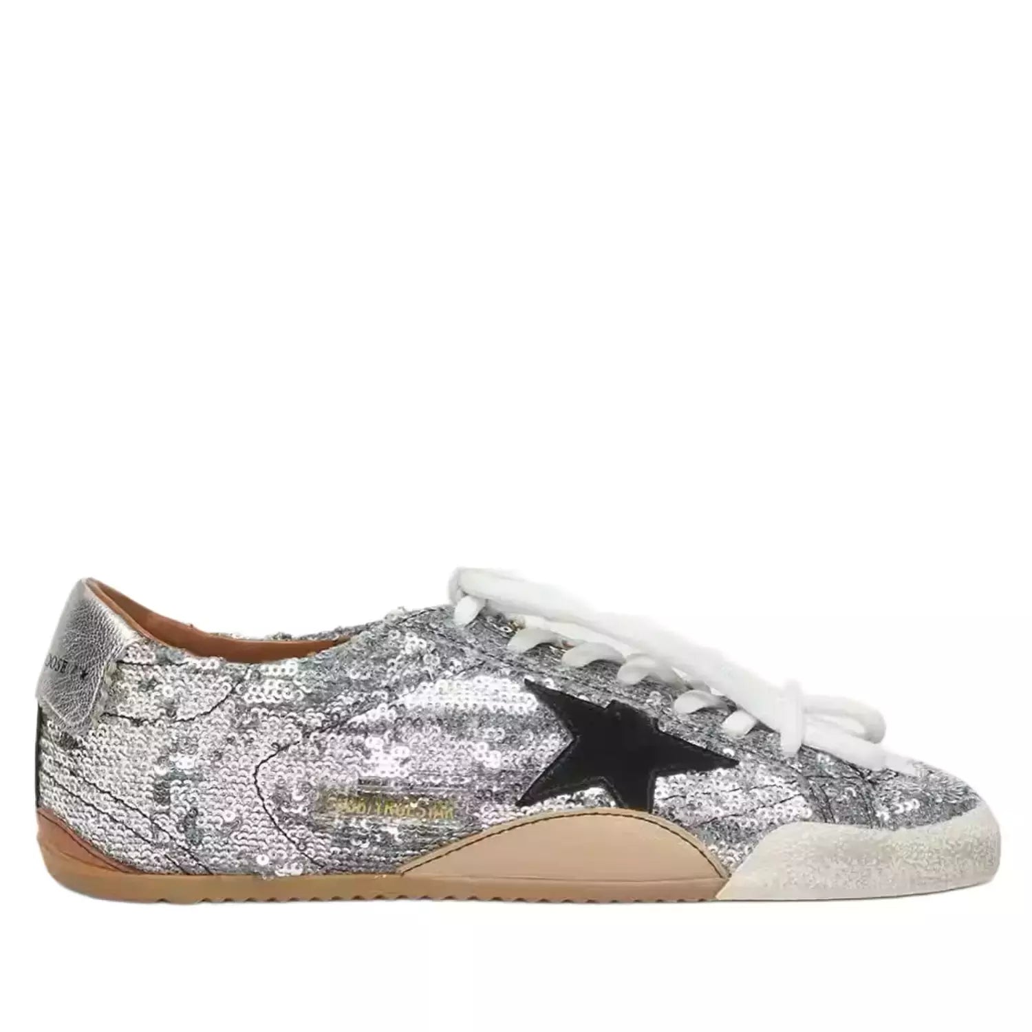 Golden Goose Ball Star Sneakers in Silver Sequin with Black Star