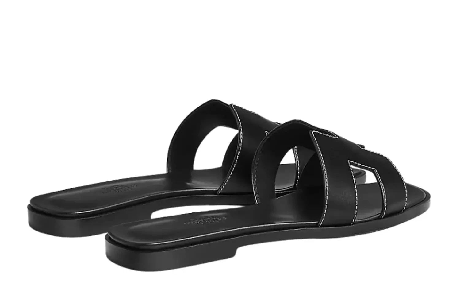 Hermes Oran Sandal Black Calfskin – White Top Stitch Flat Shoes
