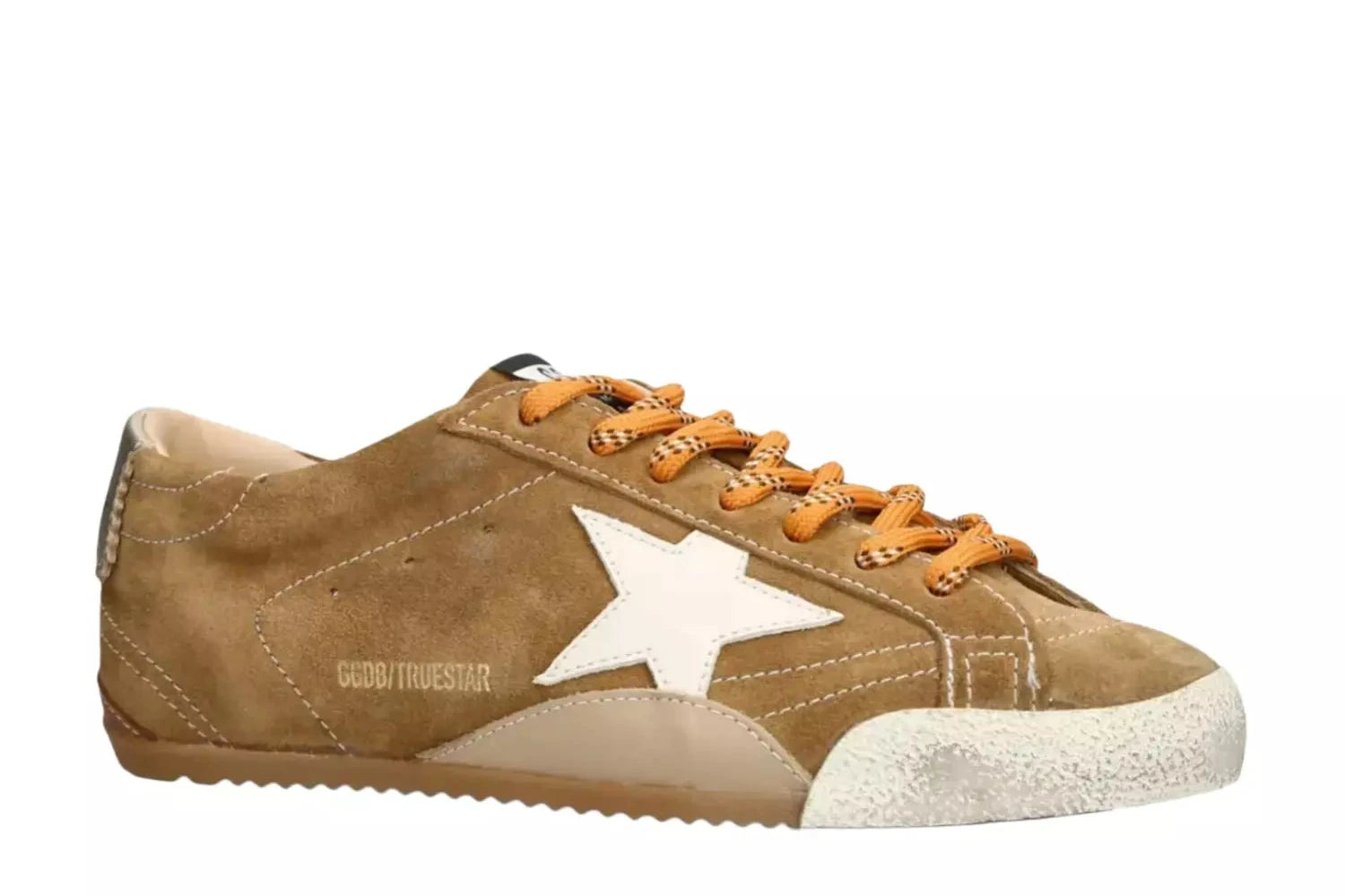 Golden Goose True-Star in tobacco-colored suede with white star and platinum heel tab